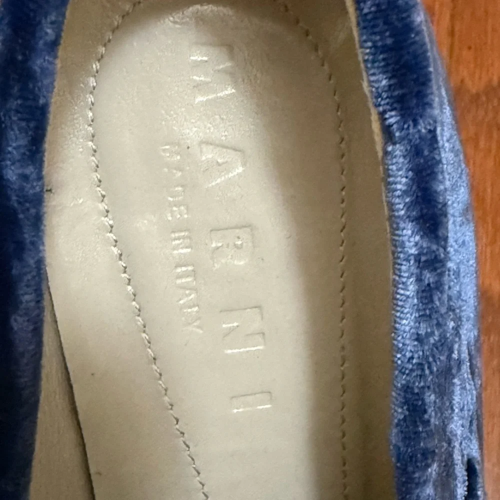 Marni Blue Velvet Platform Loafers Block Heel Square Toe Made in Italy Size 37.5